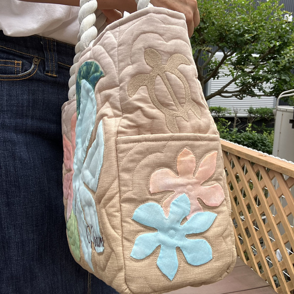 ハワイアンキルト　プルメリアトートバックベージュオレンジ　受注製作 3枚目の画像