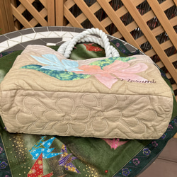 ハワイアンキルト　プルメリアトートバックベージュオレンジ　受注製作 8枚目の画像