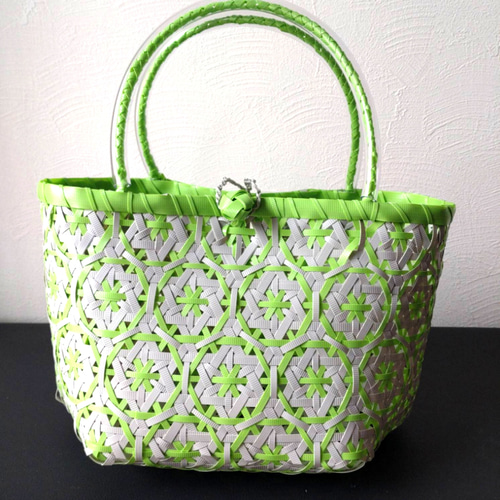 PPバンド かごバッグ 花まる編み グレー×ミントグリーン プラカゴ 花