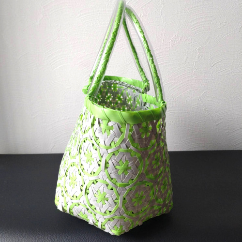 PPバンド かごバッグ 花まる編み グレー×ミントグリーン プラカゴ 花