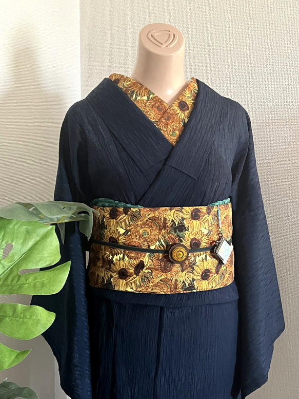 ゴッホ長尺リバーシブル半幅帯「ひまわり」直輸入生地（共布半衿とちび