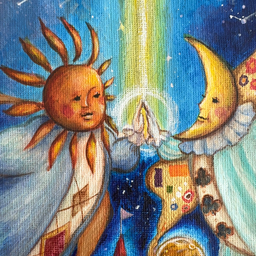 太陽と月が優しく微笑むアクリル画【not alone】 絵画 棉月 水 太陽と月が優しく微笑むアクリル画【not alone】 絵画 棉月 水