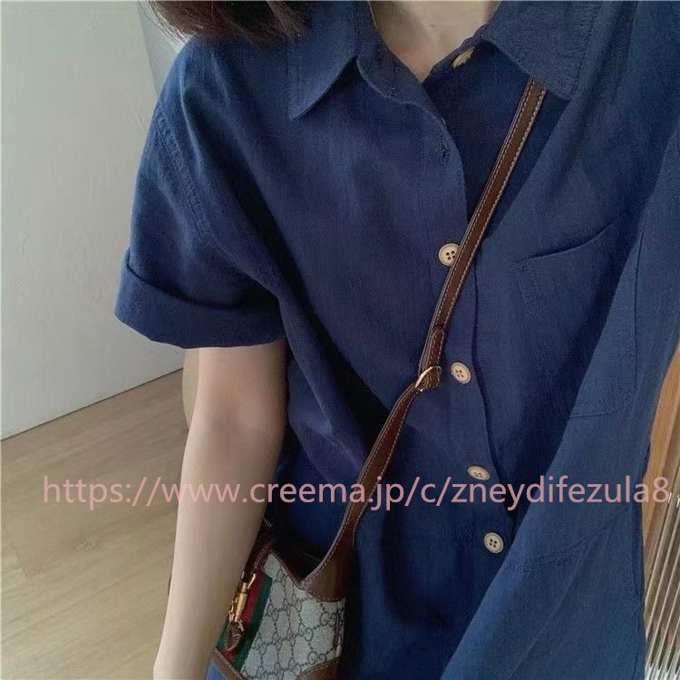 工装リネンシャツスカート女性半袖ミディアム丈ゆったりカジュアル綿麻ワンピース