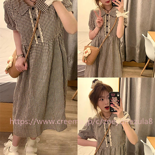 ドールネックの白黒チェックワンピース2024新型女夏小柄カレッジ ドールネックの白黒チェックワンピース2024新型女夏小柄カレッジ