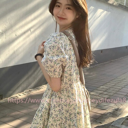高級感学院風半袖着やせ感ワンピース花柄ロングスカート女2024