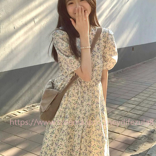 高級感学院風半袖着やせ感ワンピース花柄ロングスカート女2024