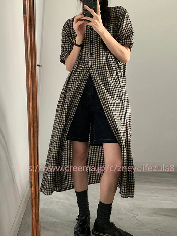 レトロなチェック柄半袖シャツスカート女夏学院風ゆったりミディアム丈