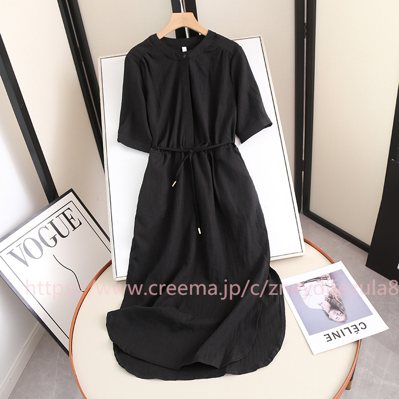 シンプルな純色の半袖ワンピース女2023夏ウエストを収めて痩せて見えるオールカラーシャツの中ロングスカート