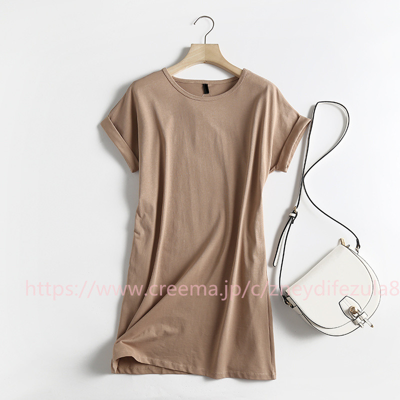 文芸中長期Tシャツスカートシンプル純色ゆったりストレートネック半袖ワンピース