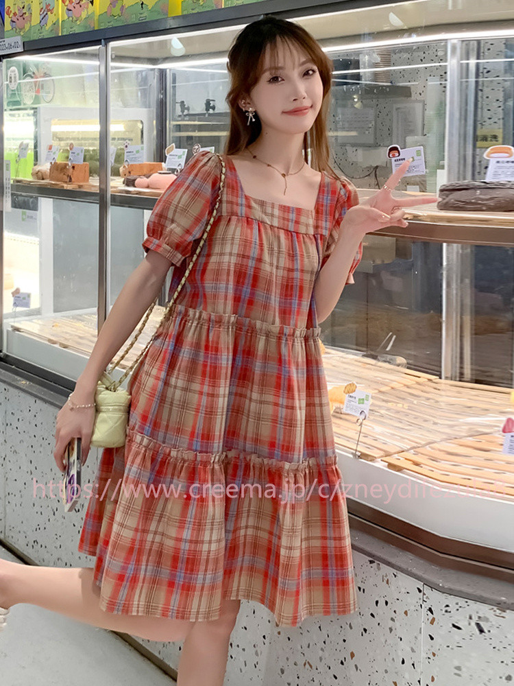 小清新半袖格子綿麻ワンピース女夏2024新小柄ビッグサイズゆったり着やせa字スカート