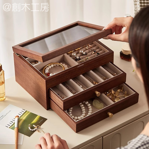 木製 可視化ジュエリーボックス 三段容量 アクセサリー収納 展示