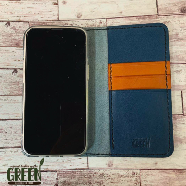 3枚ポケット付き 栃木レザー　ネイビー×キャメル　iPhoneケース　スマホケース　本革　手帳型　大人オシャレ