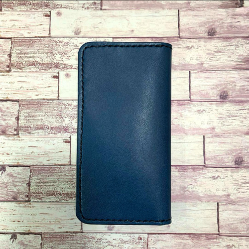 3枚ポケット付き 栃木レザー ネイビー×キャメル iPhoneケース 