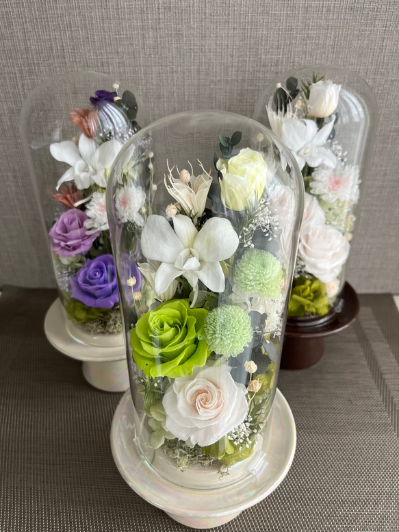 プリザーブドフラワー 仏花 一対 ドーム ガラスドーム 紫蘭（対