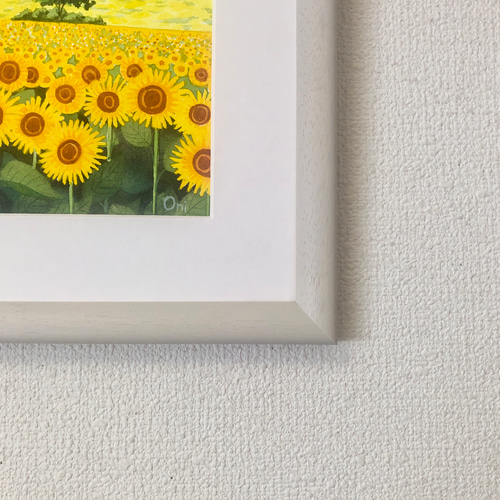 透明水彩画 原画 「ひまわり畑02」額縁付 4Fサイズ 風景画 （葉