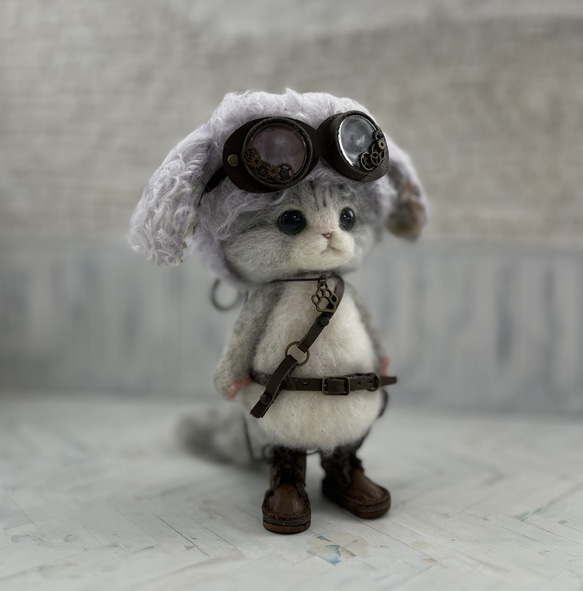 うさみみ帽子のごーぐるにゃんこ 羊毛フェルト ねこ ぬいぐるみ 3枚目の画像