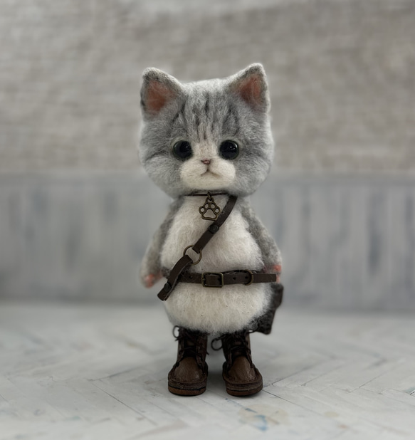 うさみみ帽子のごーぐるにゃんこ 羊毛フェルト ねこ ぬいぐるみ 6枚目の画像