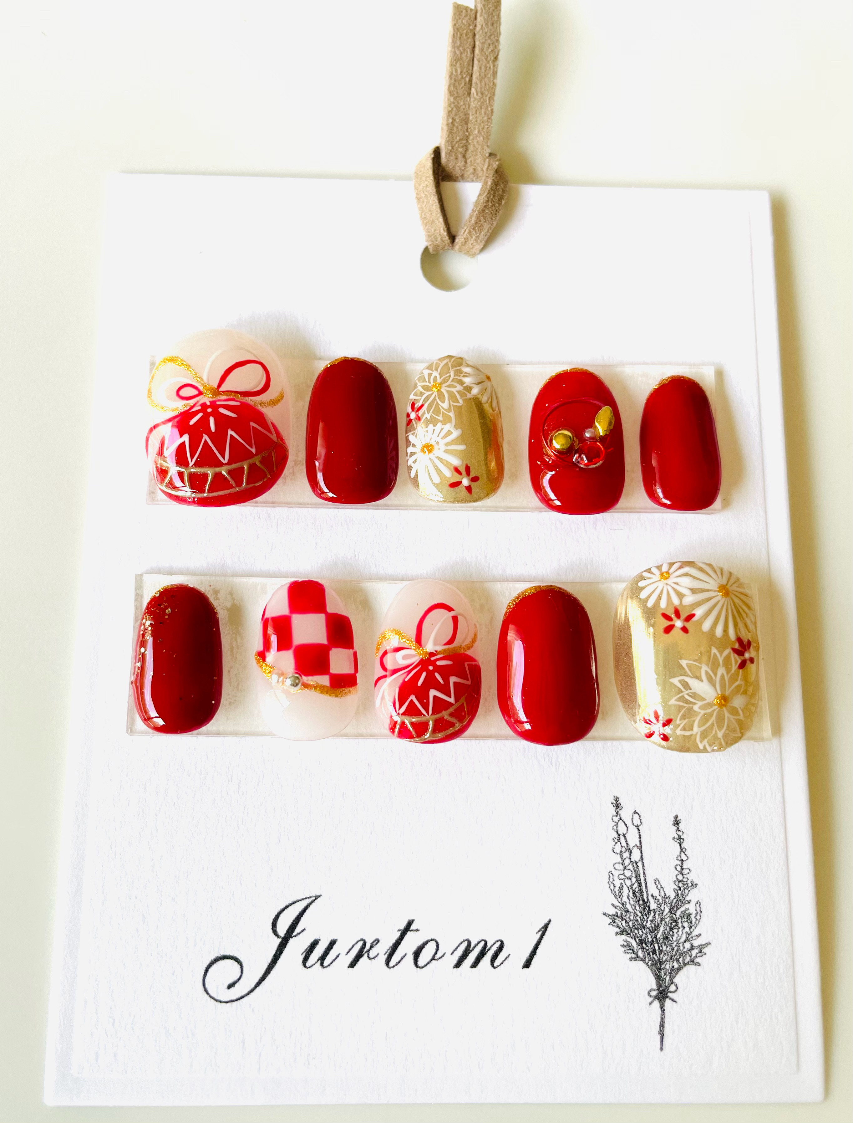 【手鞠ゴールド和柄花ネイル】和柄ネイル／振袖ネイル／赤ネイル／成人式ネイル／ブライダルネイル/お祝いネイル／ゴールド 4,000円