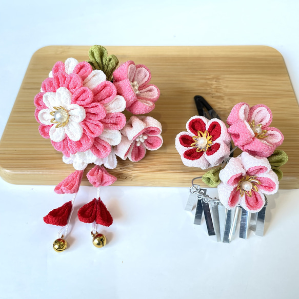 七五三髪飾り つまみ細工 かんざし 白ピンク パッチン留め 3歳 7歳