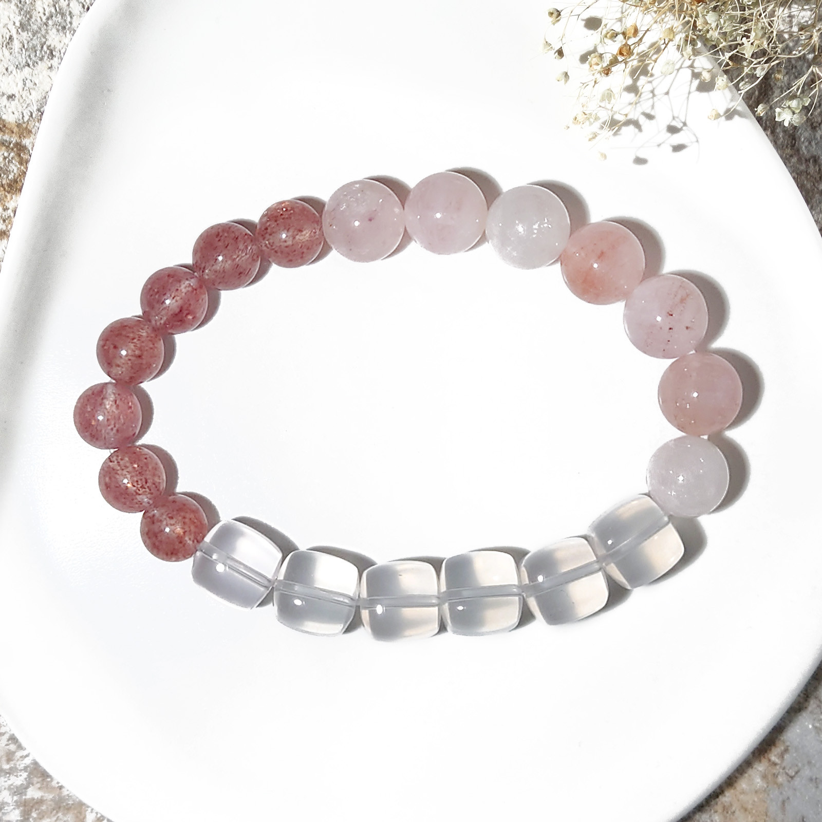 Tri／一点もの　ローズクォーツ×モルガナイト×マンガノエピドートシスト　トリブレスレット