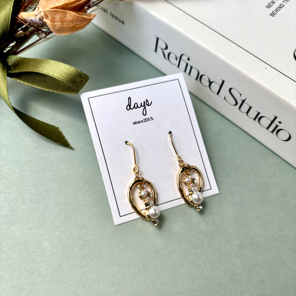 No.58】キラキラ小粒パールとドロップフープピアスorイヤリング ピアス 