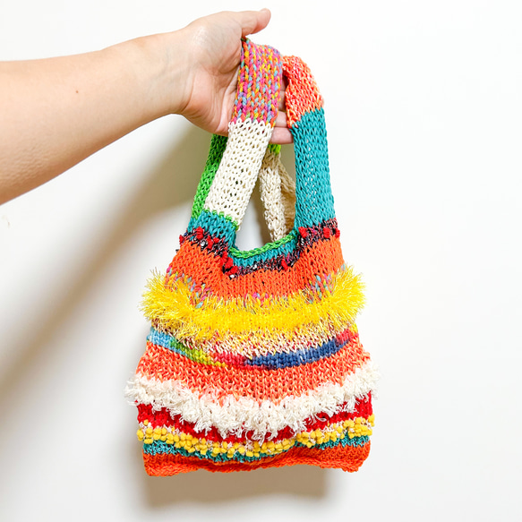 編み物キット【気ままショッピングバッグⅡ】ネオンオレンジ 1枚目の画像