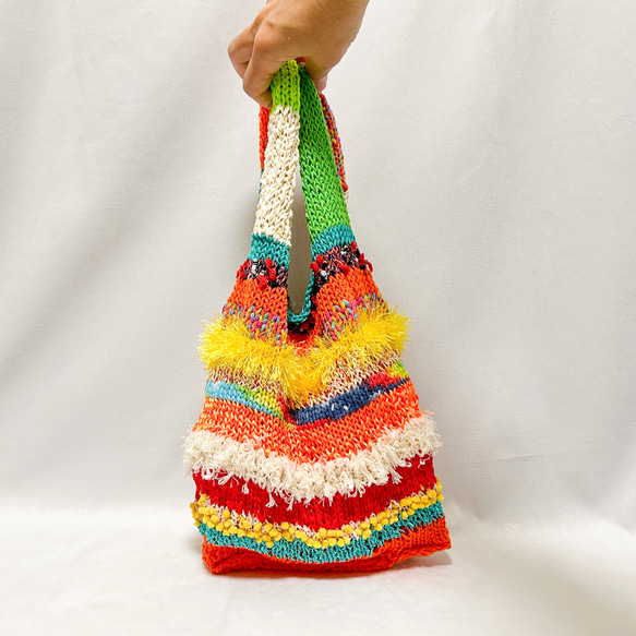 編み物キット【気ままショッピングバッグⅡ】ネオンオレンジ 6枚目の画像