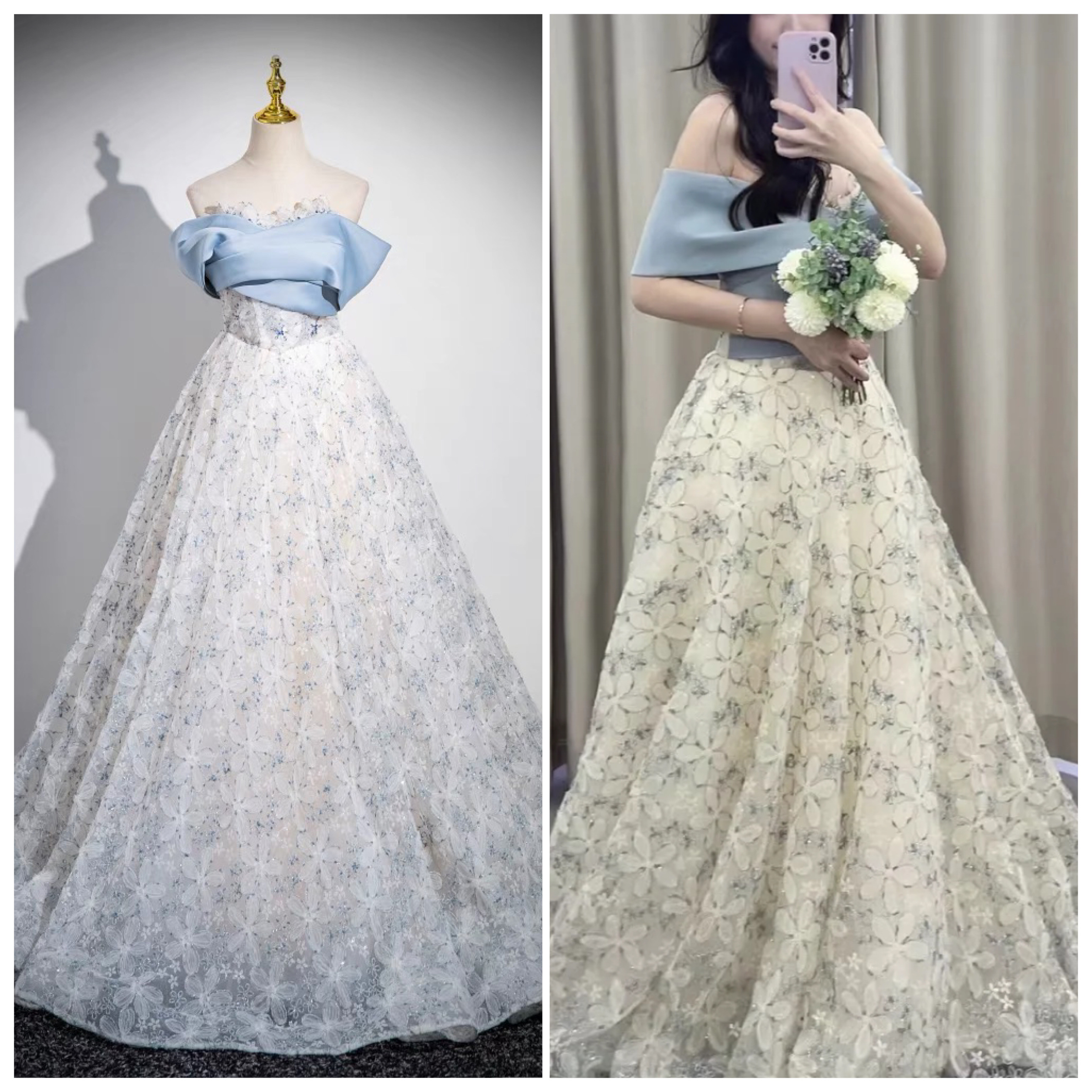 オフショルダー　フラワー　Aライン 二次会　前撮り ウェディングドレス（WD242255）