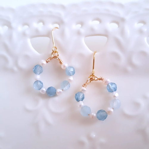 瀬織津姫＊アクアマリン×淡水パール ピアス/イヤリング 【人魚の耳飾り 