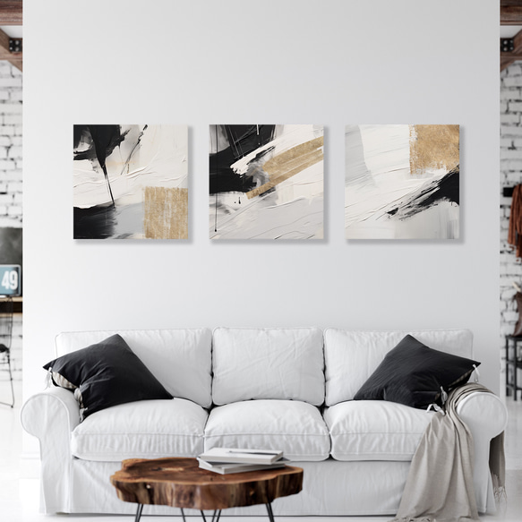 正方形キャンバスパネル モノトーン&ゴールド抽象画 3枚セット　北欧ジャパンディ アートパネル abstract 2枚目の画像