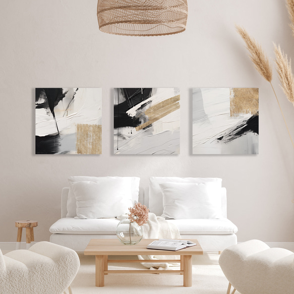 正方形キャンバスパネル モノトーン&ゴールド抽象画 3枚セット　北欧ジャパンディ アートパネル abstract 1枚目の画像