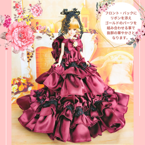 送料無料 ジェニーサイズ ワインレッドのドレス ハンドメイド ドール