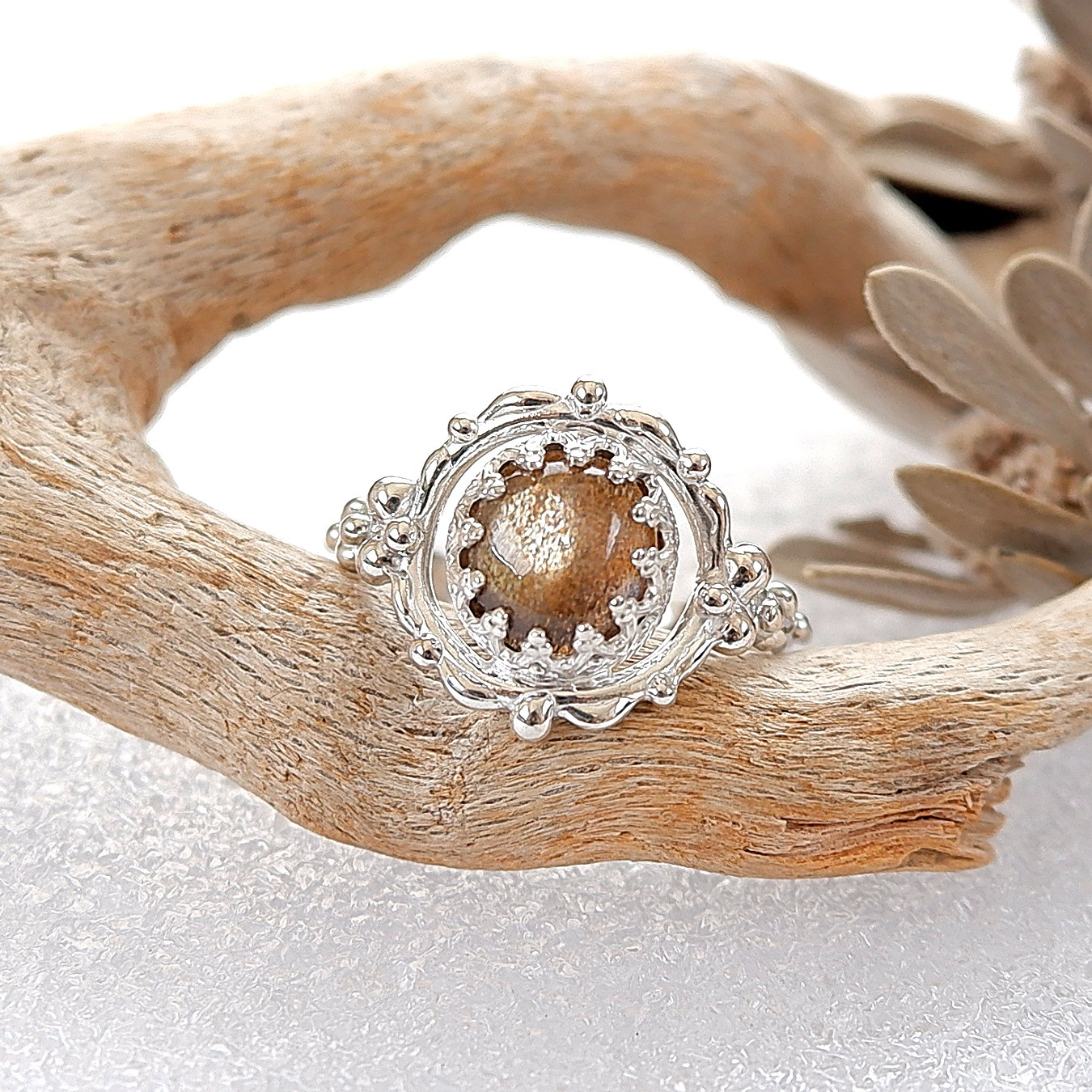 ～美しいアステリズム～スターアベンチュリンムーンストーンのリング　14号　天然石アクセサリー　指輪　シルバー　一点物