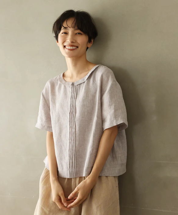 人気アイテムランキング(新品)  涼やかに着られるリネンプルオーバー 半袖ブラウス ピンタック トップス