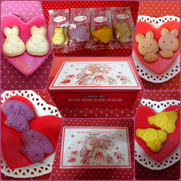 うさぎちゃん柄の長方形缶にうさぎの形のクッキー4袋詰め合わせ