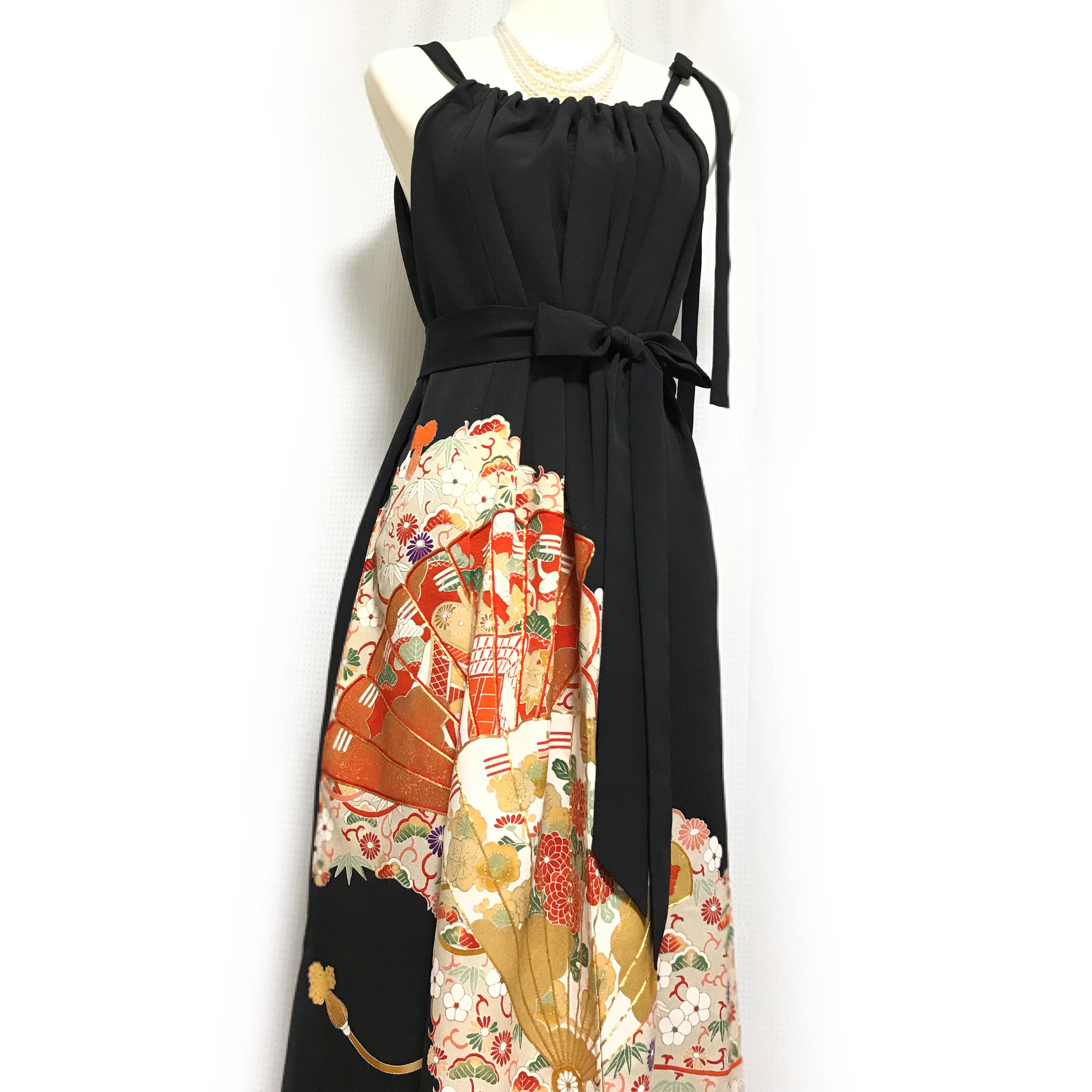 正絹】着物リメイク 黒留袖ドレス／キャミワンピースタイプ／ブラック  