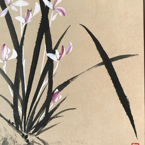 掛軸 華茶 竹に蘭 箱無し 水墨画（【竹】四君子 四季花鳥水墨画