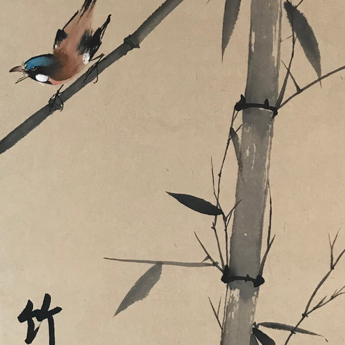 竹と鳥の水墨画 掛軸 竹 小鳥 掛け軸 絵画 花鳥 絵画 こたつ 通販 17920348｜Creema