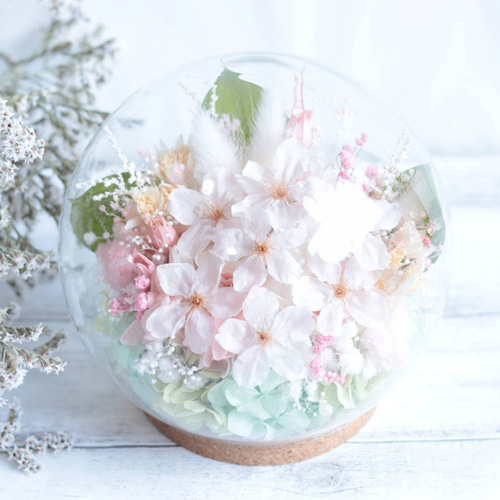 受注製作】フラワーガラスドームM“桜の花畑”＊メッセージ彫刻可