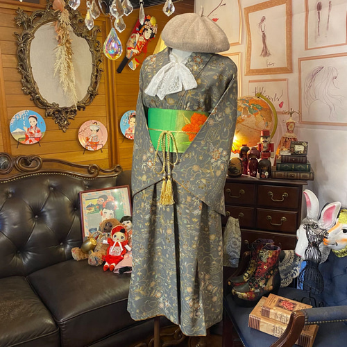 和洋折衷 着物 リメイク ワンピース ドレス 名古屋帯サッシュ