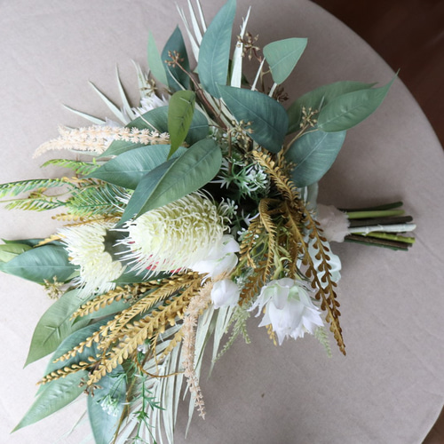 アーティフィシャルフラワーブーケ（プロテア ホワイト&グリーン） ホワイト・グリーンブーケLサイズ ワイルドフラワーアフリカの花