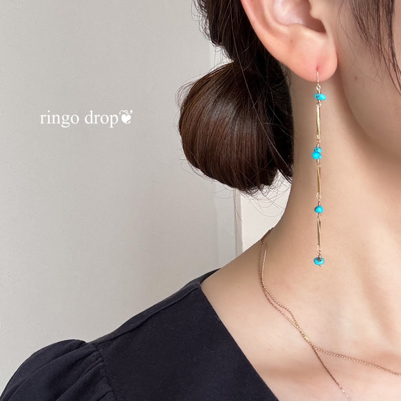 スリーピングビューティーターコイズのピアス 14kgfワイヤーラップ