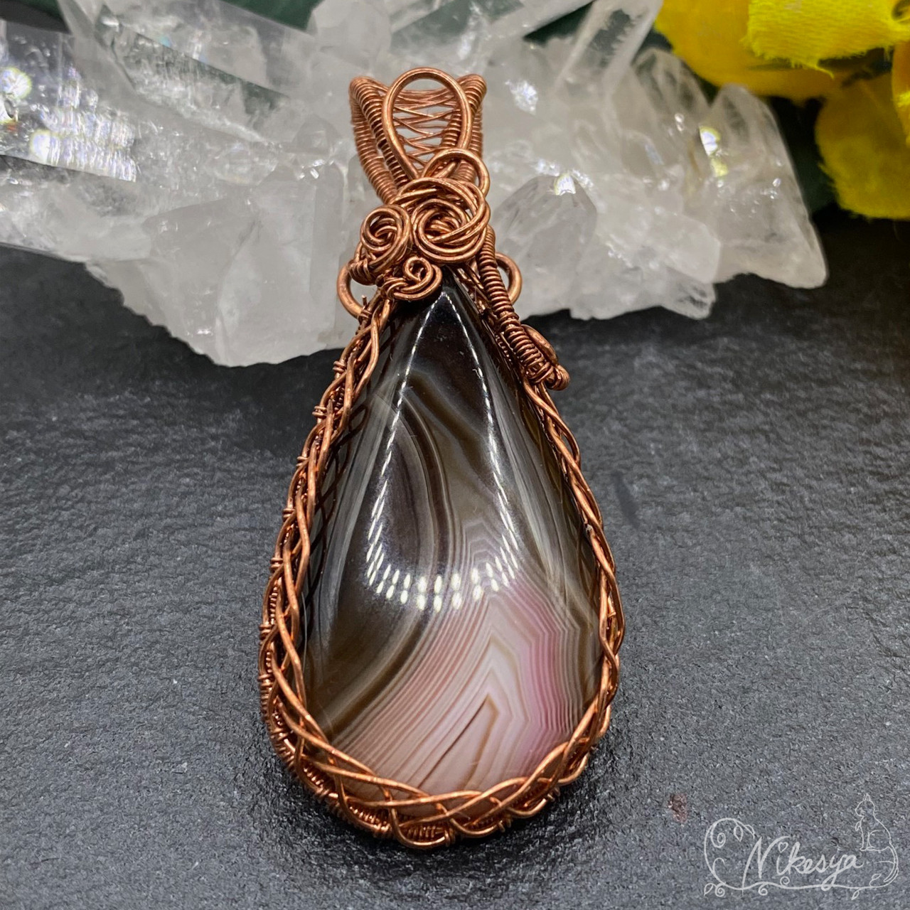 【ワイヤーアクセサリー】ボツワナアゲートのペンダントトップ【一点もの】【送料無料】