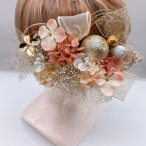 和装髪飾り ヘッドドレス 水引×リボン くすみピンク ヘッドドレス  