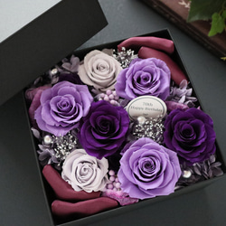 選べるメッセージ｜豪華な紫系のサプライズフラワーボックス｜記念日・古希祝い・喜寿祝い退職祝い　pre.121 9枚目の画像