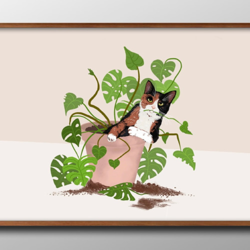 13414□ポスター アート 絵画『観葉植物と猫 ネコ ボタニカル』北欧 A3