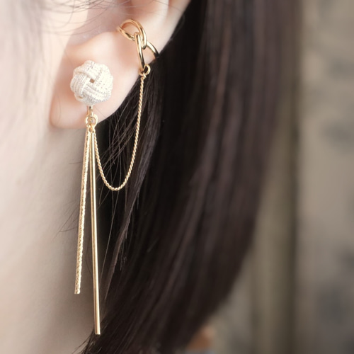 █Kei★イヤリング 再販】水引玉結びのイヤリングとチェーン付き《結び》イヤーカフ