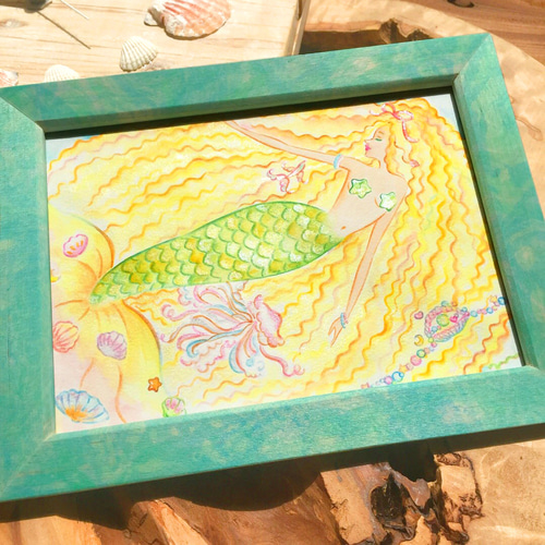 人魚イラスト & マーブリング 木製フォトフレーム 2L【Mermaid】水彩