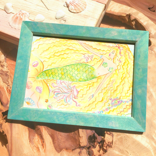 人魚イラスト & マーブリング 木製フォトフレーム 2L【Mermaid】水彩