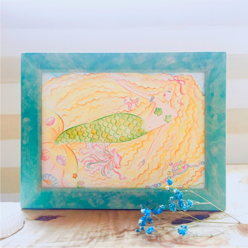 人魚イラスト & マーブリング 木製フォトフレーム 2L【Mermaid】水彩